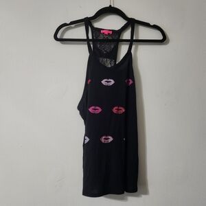 Betsey Johnson Black and Pink Lip Women's Tank Top Size Large Y2K Goth Punk